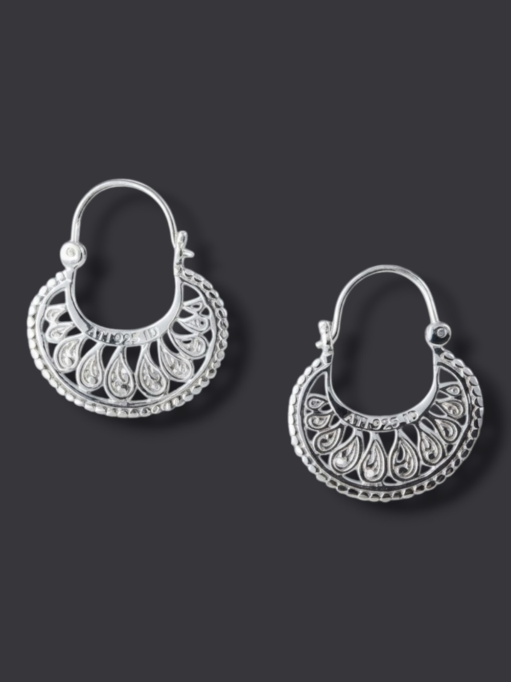 Vintage Earrings ATI Bali Filigree Teardrop Paisley Hoops Artisan Crafted Boho